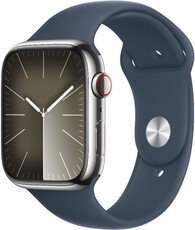 Apple Watch Series 9 GPS + Cellular 45mm srebrna koperta ze stali nierdzewnej ze sportowym paskiem w kolorze sztormowego błękitu - S/M
