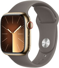 Apple Watch Series 9 GPS + Cellular 45mm złota koperta ze stali nierdzewnej ze sportowym paskiem w kolorze popielatego brązu - S/M