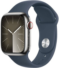 Apple Watch Series 9 GPS + Cellular 41 mm srebrna koperta ze stali nierdzewnej i pasek sportowy w kolorze sztormowego błękitu