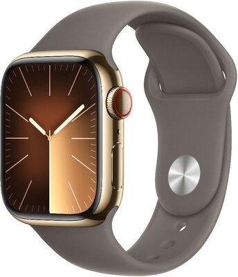 Apple Watch Series 9 GPS + Cellular 41mm złota koperta ze stali nierdzewnej ze sportowym paskiem w kolorze popielatego brązu - S/M