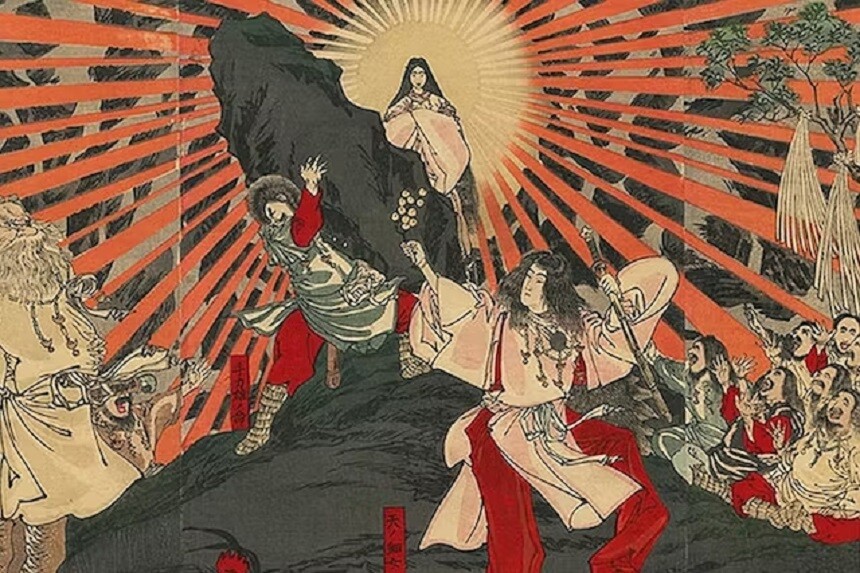 Amaterasu – Tradiční vyobrazení japonské bohyně Slunce. Zdroj: mythopedia.com