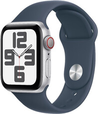 Apple Watch SE (2023) GPS + Cellular 40mm srebrna aluminiowa koperta ze sportowym paskiem w kolorze sztormowego błękitu - M/L