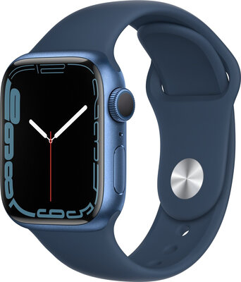 Apple Watch Series 7 GPS, 41mm, koperta z niebieskiego aluminium z niebieskim (morska głębia) sportowym paskiem