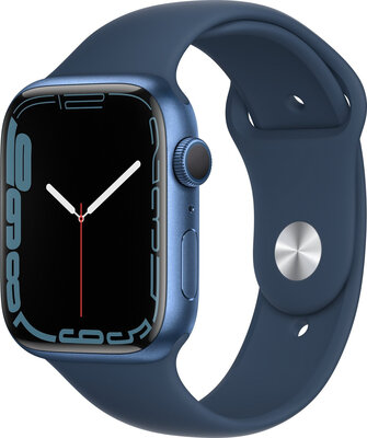Apple Watch Series 7 GPS, 45mm, koperta z niebieskiego aluminiumu z niebieskim (morska głębia) sportowym paskiem