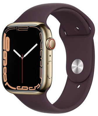 Apple Watch Series 7 GPS + Cellular, 45mm, koperta z złotej stali z ciemnowiśiowym sportowym paskiem