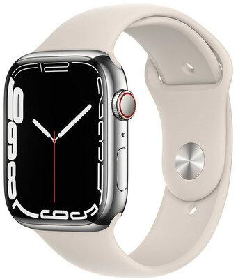 Apple Watch Series 7 GPS + Cellular, 45mm koperta ze srebrnej stali z gwiezdnie białym sportowym paskiem