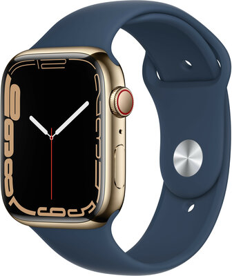 Apple Watch Series 7 GPS + Cellular, 45mm złota koperta ze stali nierdzewnej z niebieskim sportowym paskiem