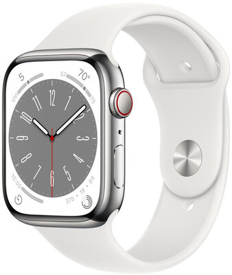 Apple Watch Series 8, GPS + Cellular, 45mm Koperta ze srebrnej stali nierdzewnej, sportowy pasek