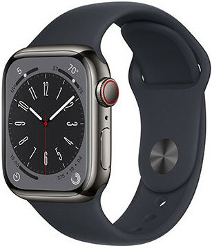 Apple Watch Series 8, GPS + Cellular, 41mm Koperta z grafitowo-szarej stali nierdzewnej, sportowy pasek