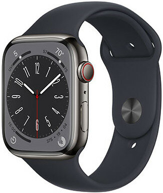 Apple Watch Series 8, GPS + Cellular, 45mm Koperta z grafitowo-szarej stali nierdzewnej, sportowy pasek
