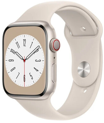 Apple Watch Series 8, GPS + Cellular, 45mm Koperta z aluminium w kolorze księżycowej poświaty, sportowy pasek