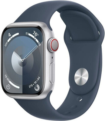Apple Watch Series 9, GPS + Cellular, 45mm Koperta ze srebrnego aluminium, sportowy pasek M/L